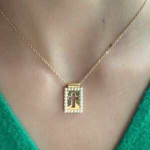 Gold Cross Pendant Necklace with Pearl Accents
